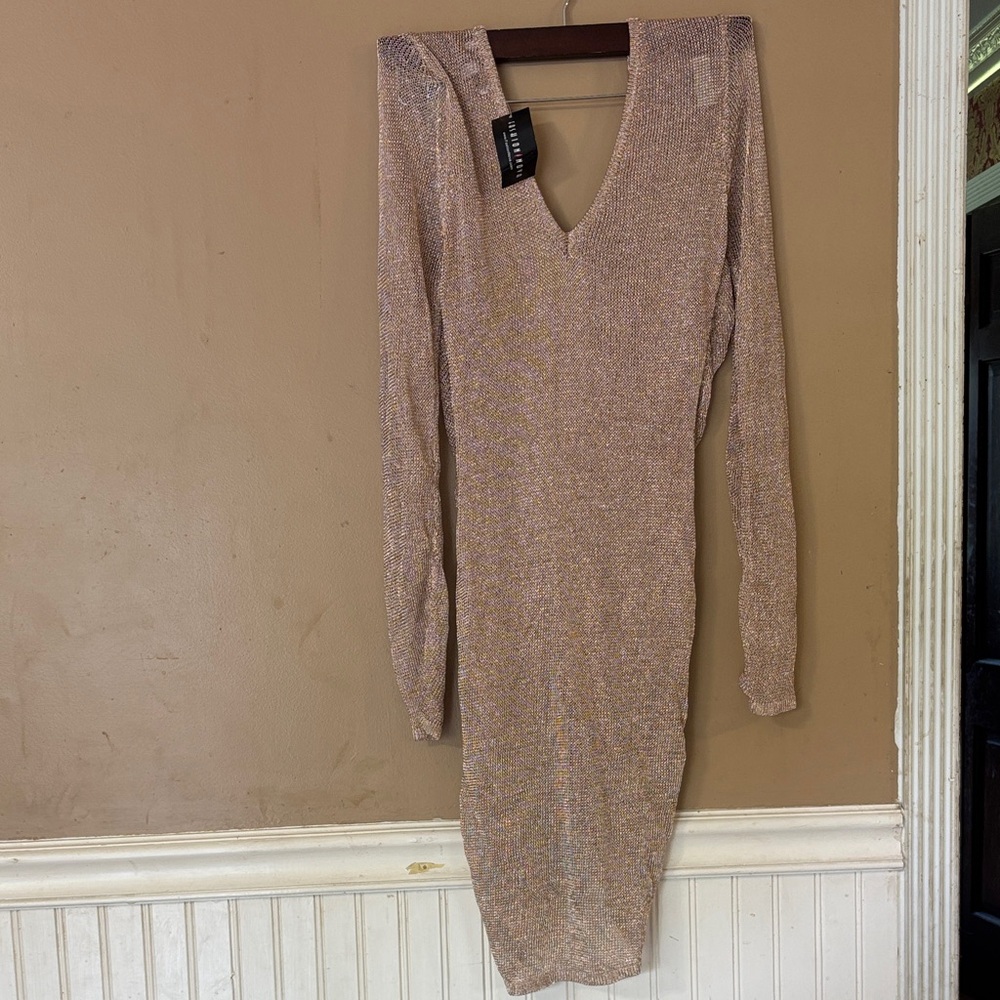 Fashion Nova Shimmering Long Sleeve Dress - metalic color